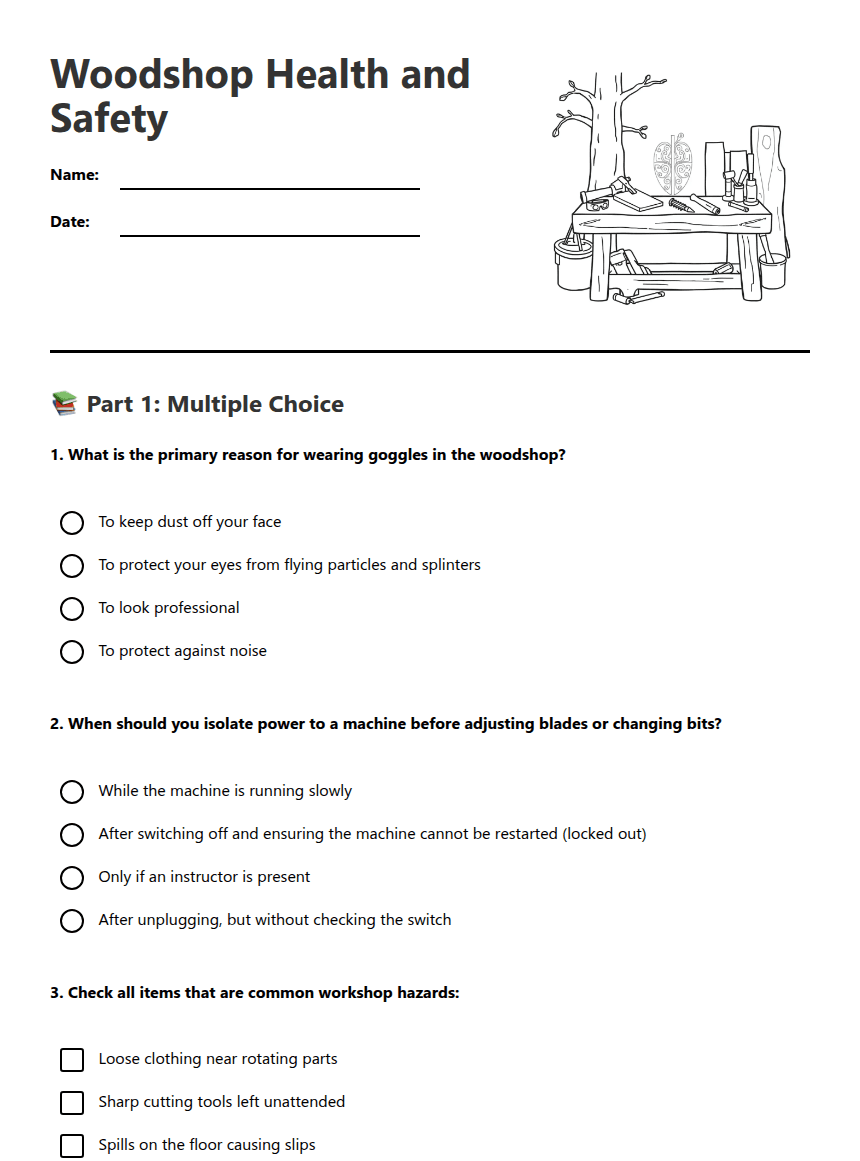 Woodshop Health and Safety worksheet preview