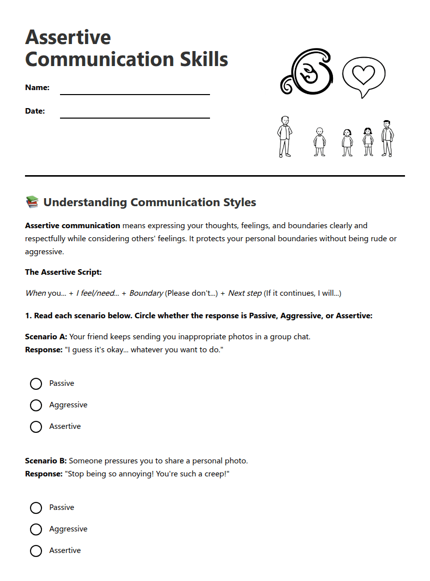 Assertive Communication Skills worksheet preview
