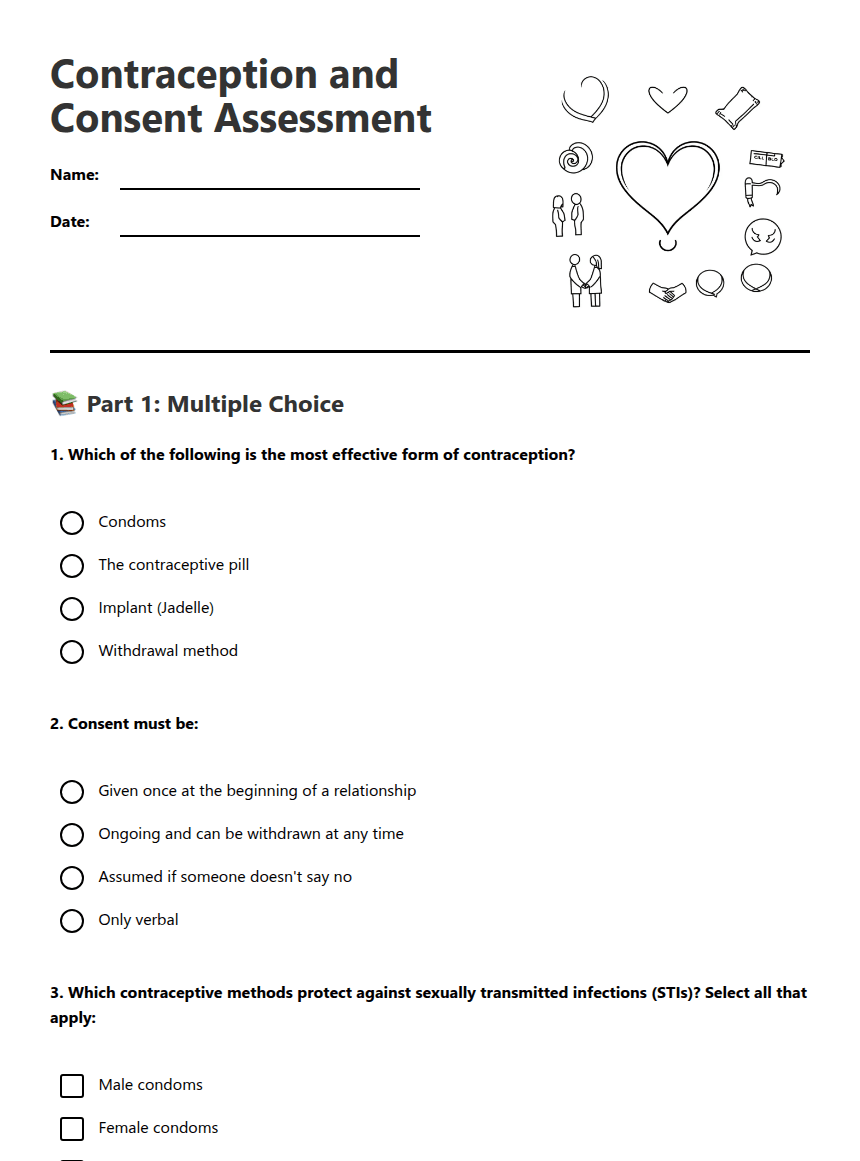 Contraception and Consent Assessment worksheet preview