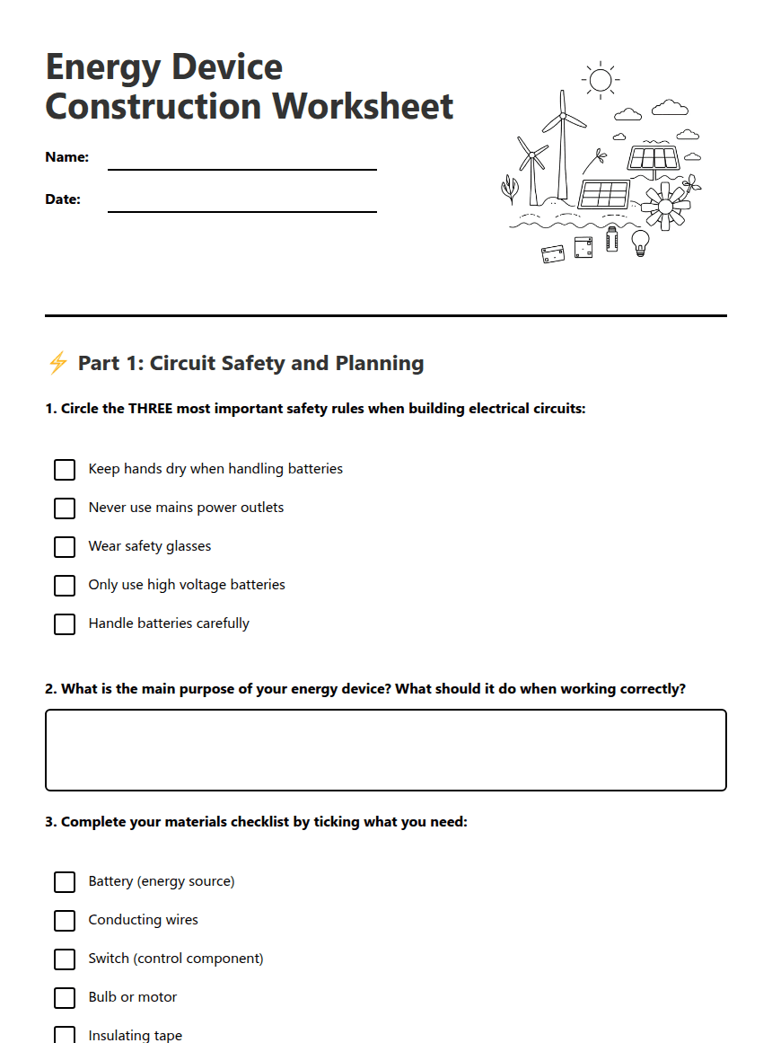Energy Device Construction Worksheet worksheet preview