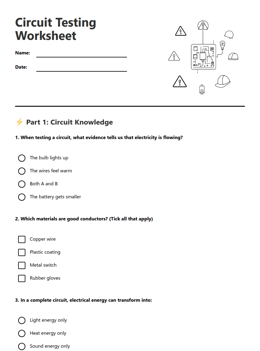 Circuit Testing Worksheet worksheet preview