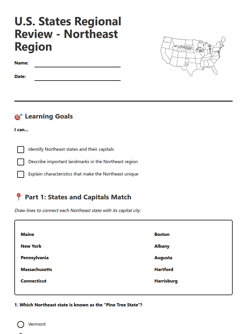 U.S. States Regional Review worksheet preview