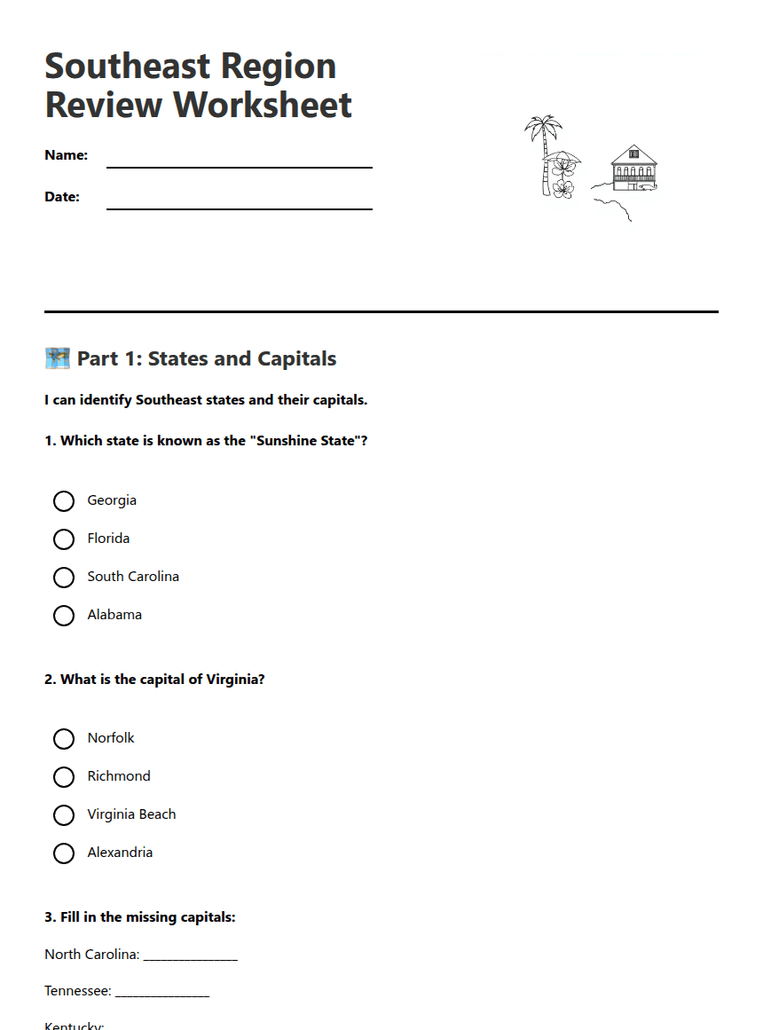 Southeast Region Review Worksheet worksheet preview