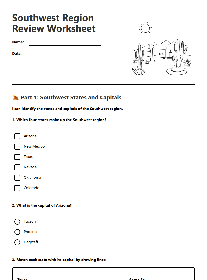 Southwest Region Review Worksheet worksheet preview