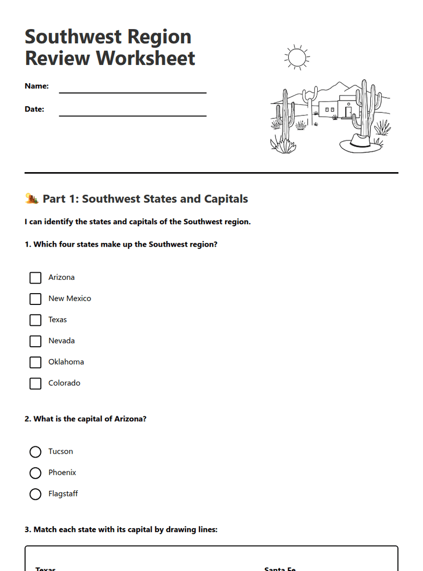 Southwest Region Review Worksheet