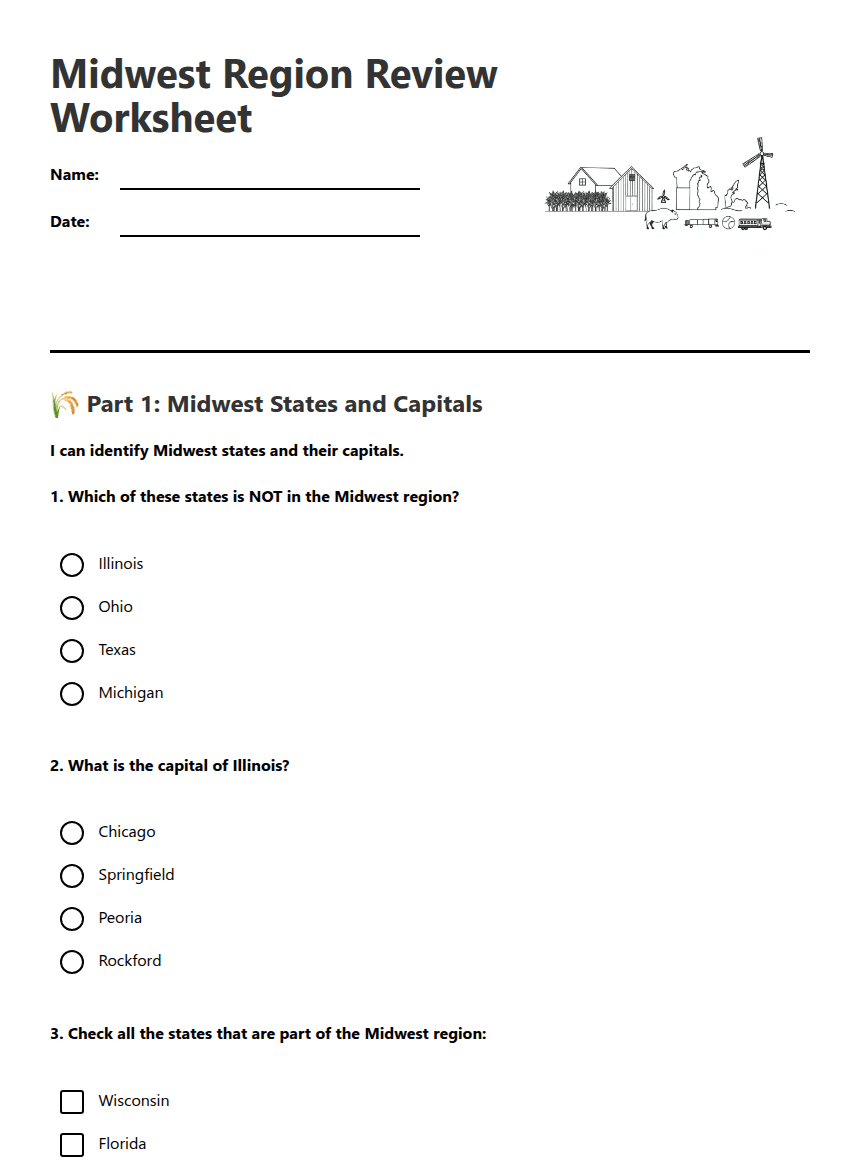 Midwest Region Review Worksheet worksheet preview