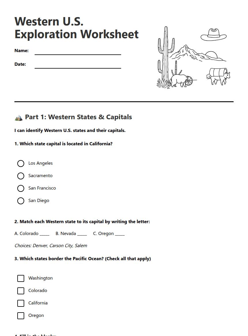 Western U.S. Exploration Worksheet worksheet preview