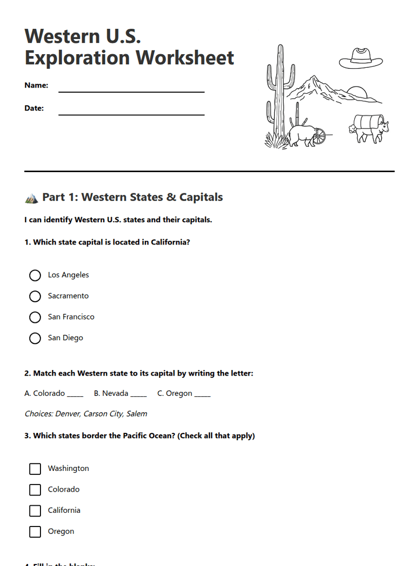 Western U.S. Exploration Worksheet