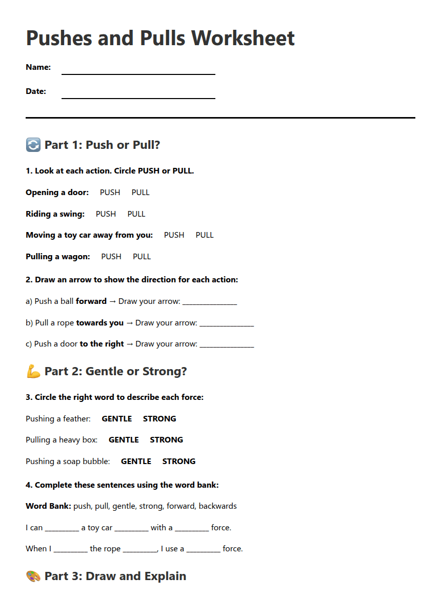 Pushes and Pulls Worksheet worksheet preview