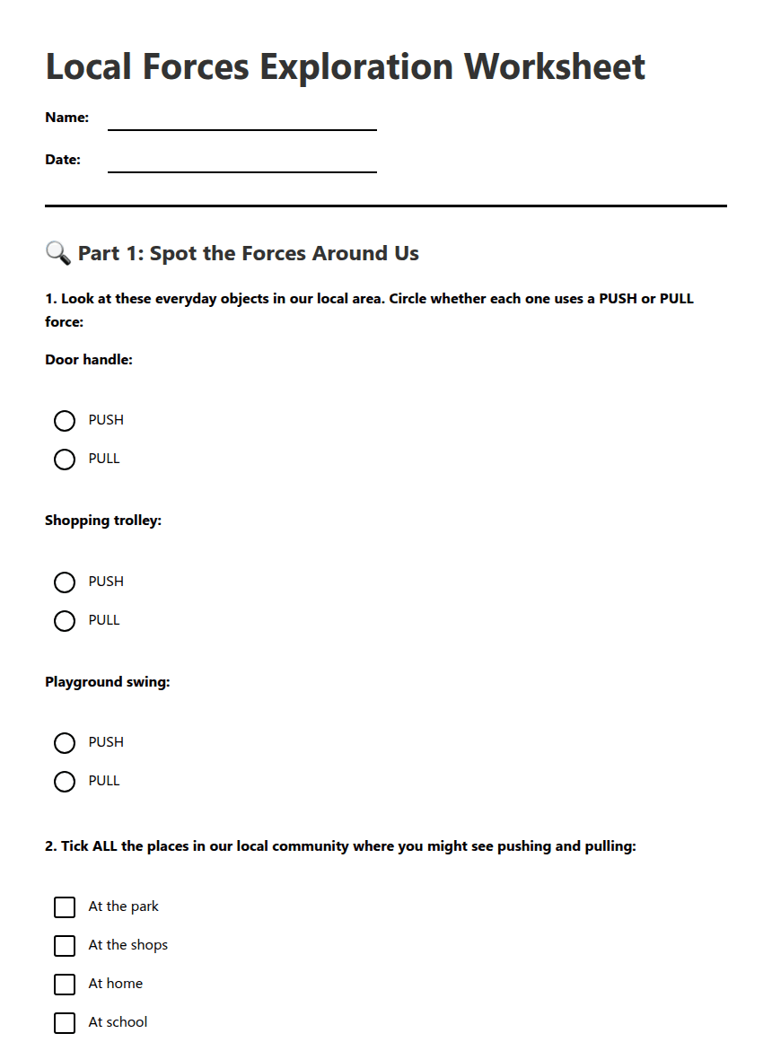 Local Forces Exploration Worksheet worksheet preview