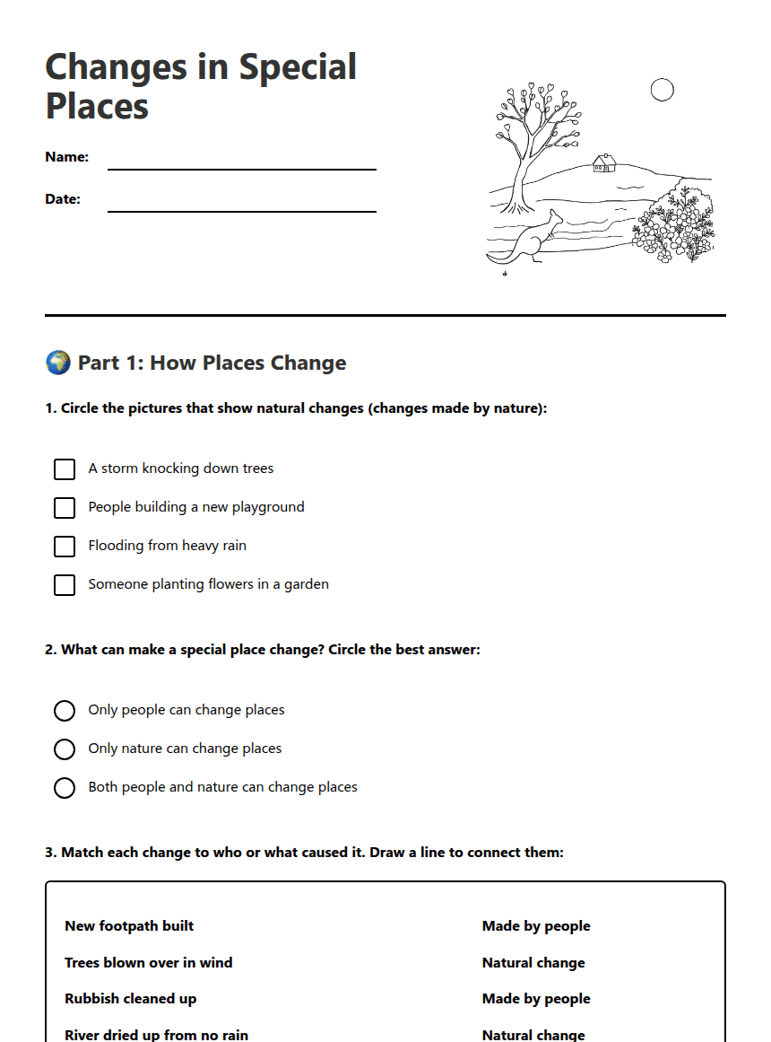 Changes in Special Places worksheet preview