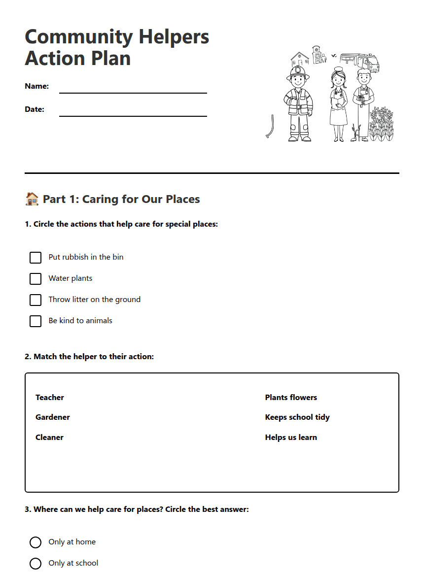 Community Helpers Action Plan worksheet preview