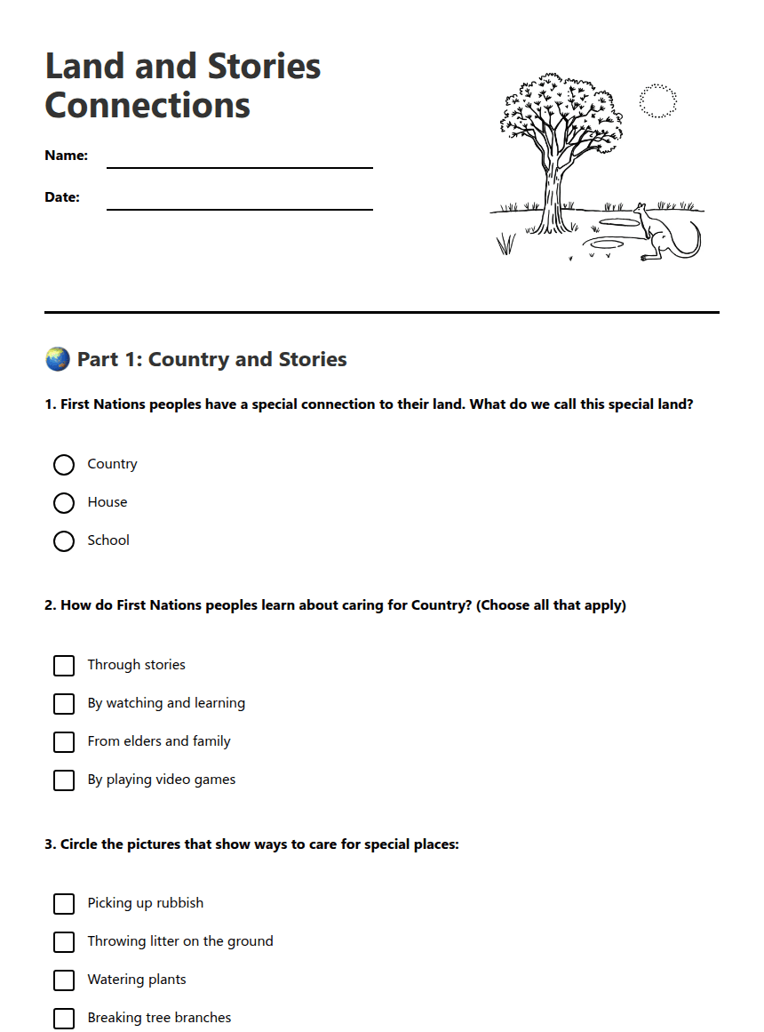Land and Stories Connections worksheet preview