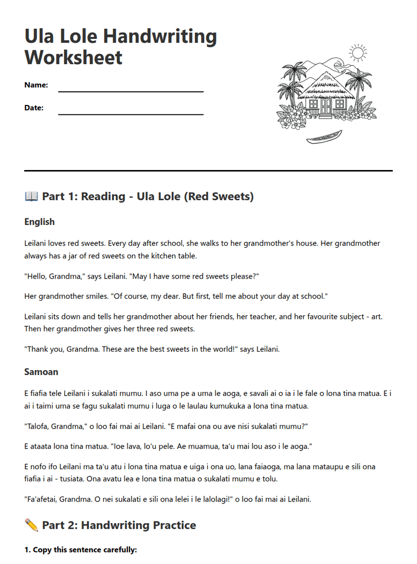 Ula Lole Handwriting Worksheet