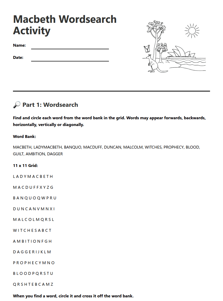 Macbeth Wordsearch Activity worksheet preview