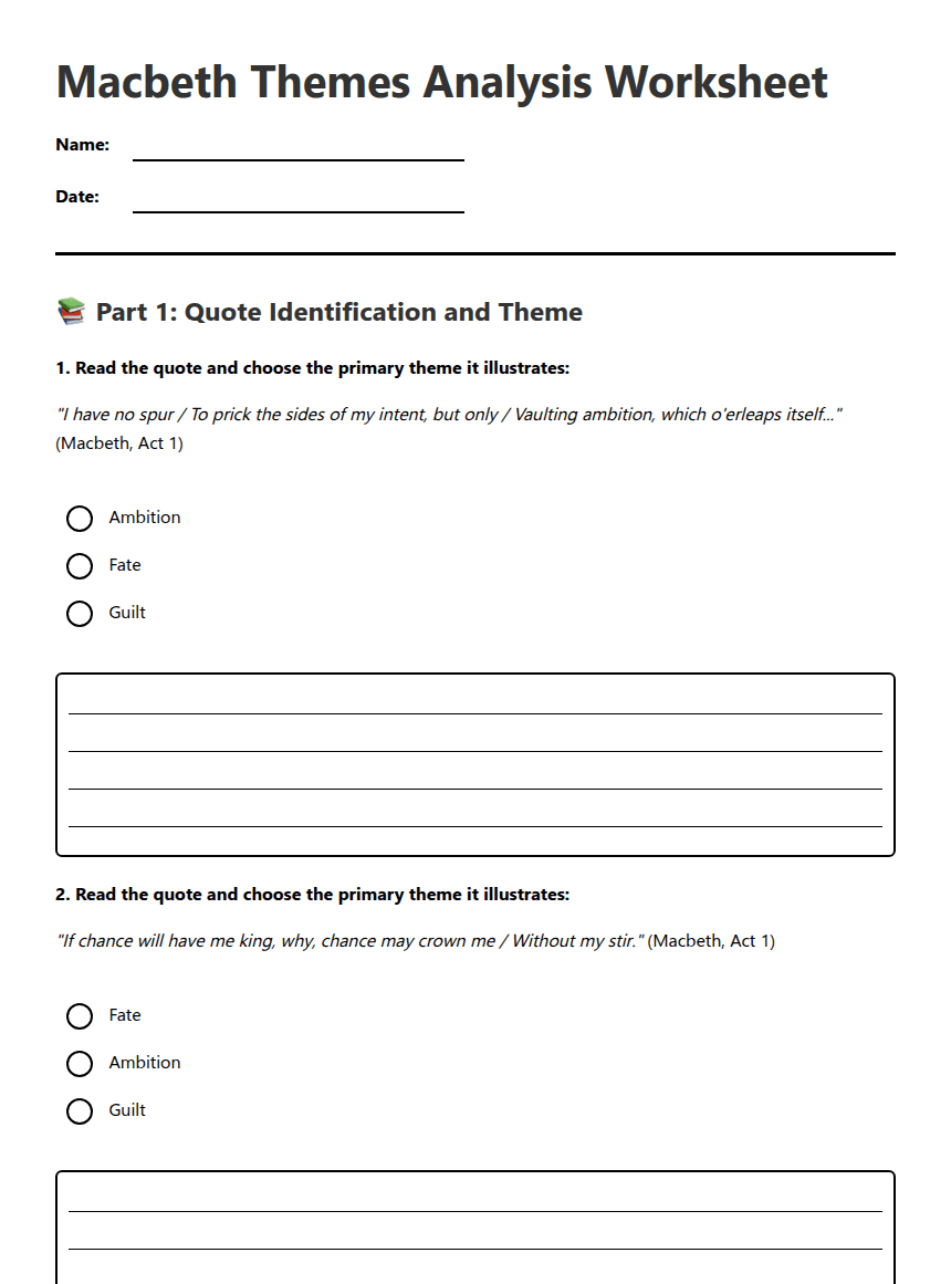 Macbeth Themes Analysis Worksheet worksheet preview