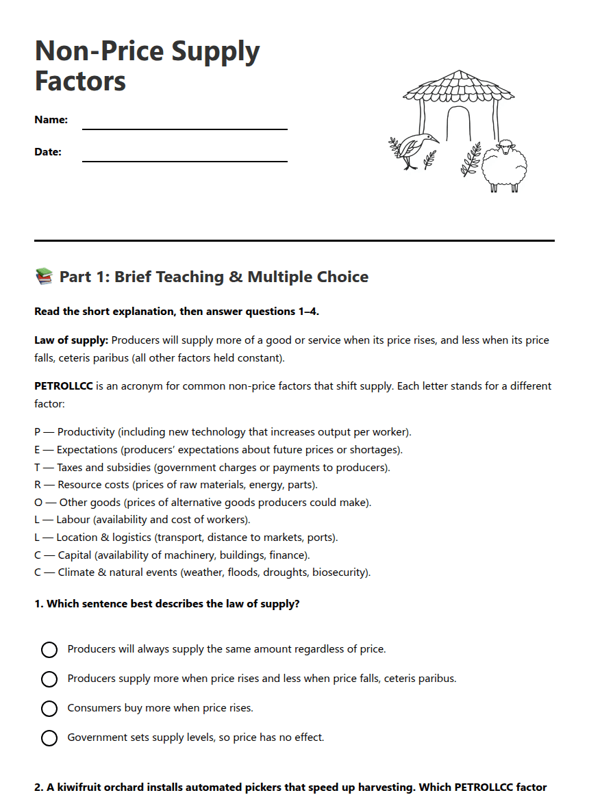 Non-Price Supply Factors worksheet preview