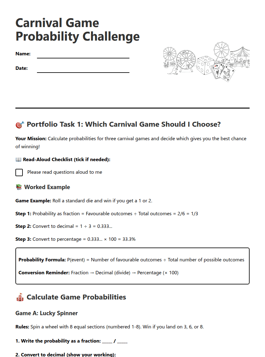 Carnival Game Probability Challenge worksheet preview