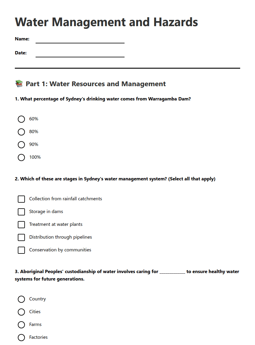 Water Management and Hazards worksheet preview
