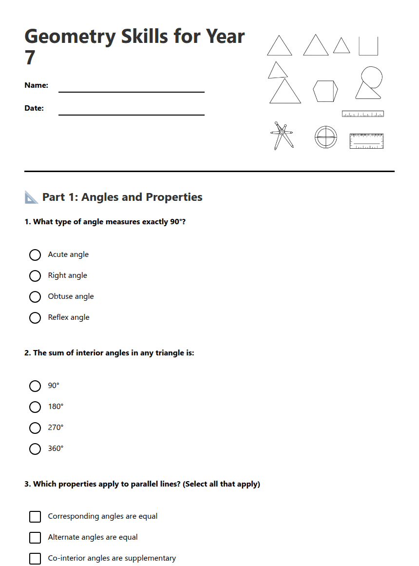 Geometry Skills for Year 7 worksheet preview