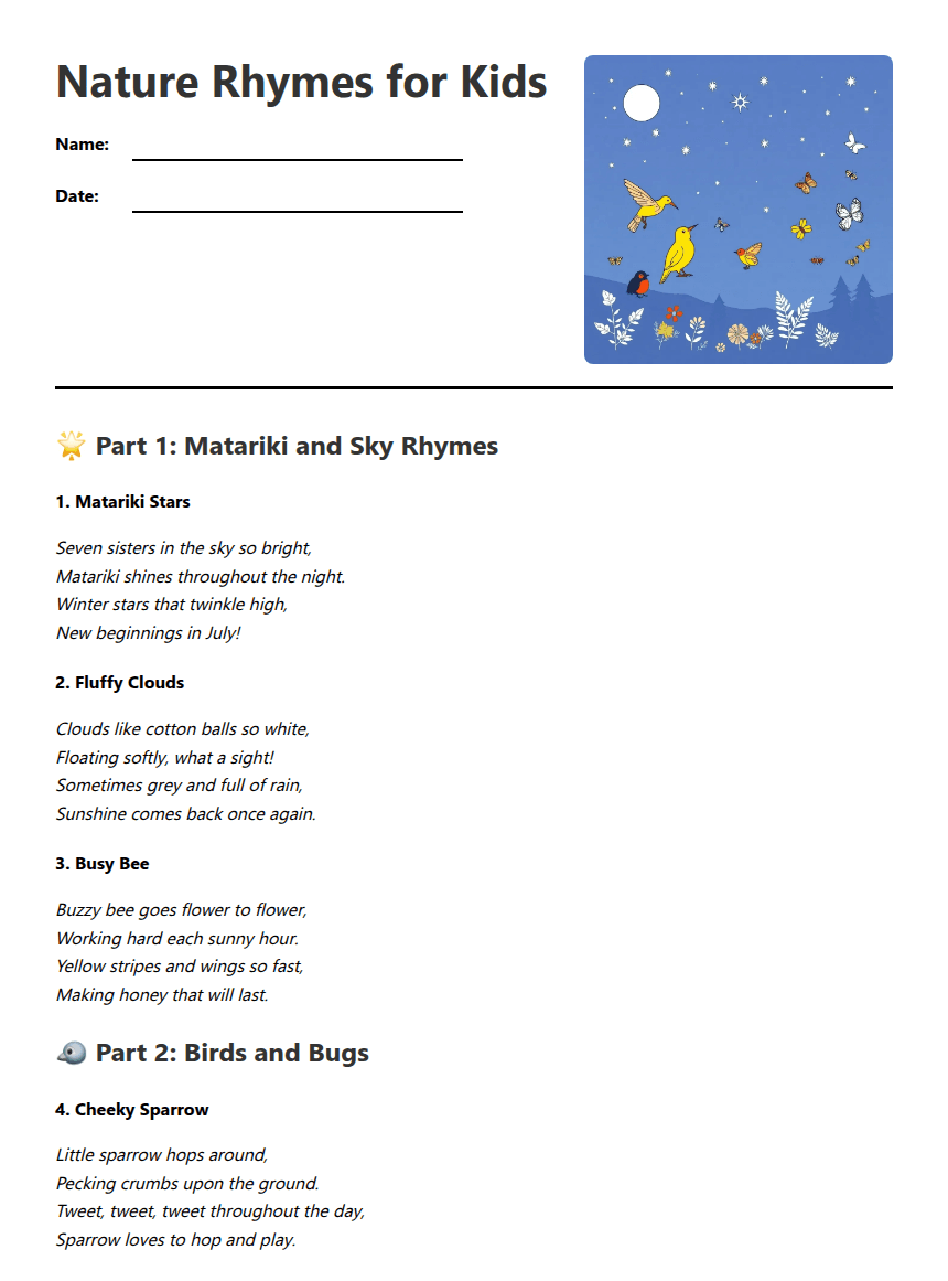 Nature Rhymes for Kids worksheet preview