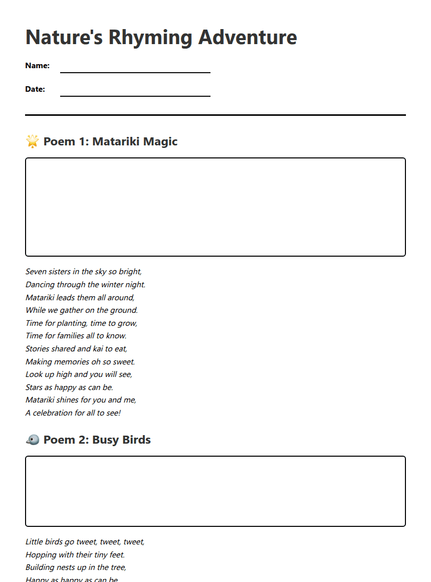 Nature's Rhyming Adventure worksheet preview