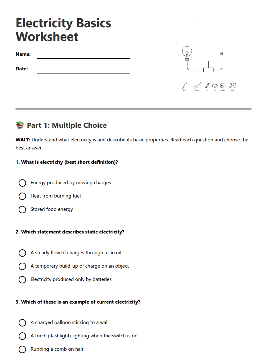 Electricity Basics Worksheet worksheet preview