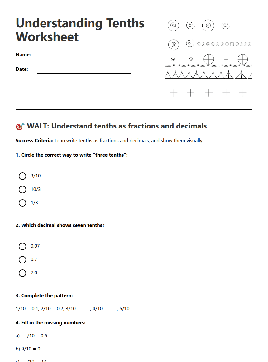 Understanding Tenths Worksheet worksheet preview