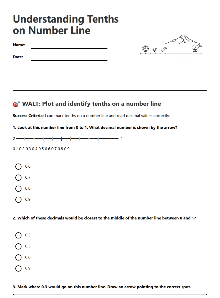 Understanding Tenths on Number Line worksheet preview