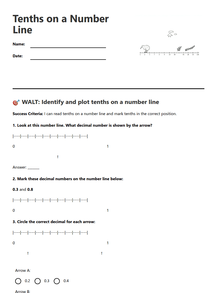 Tenths on a Number Line worksheet preview