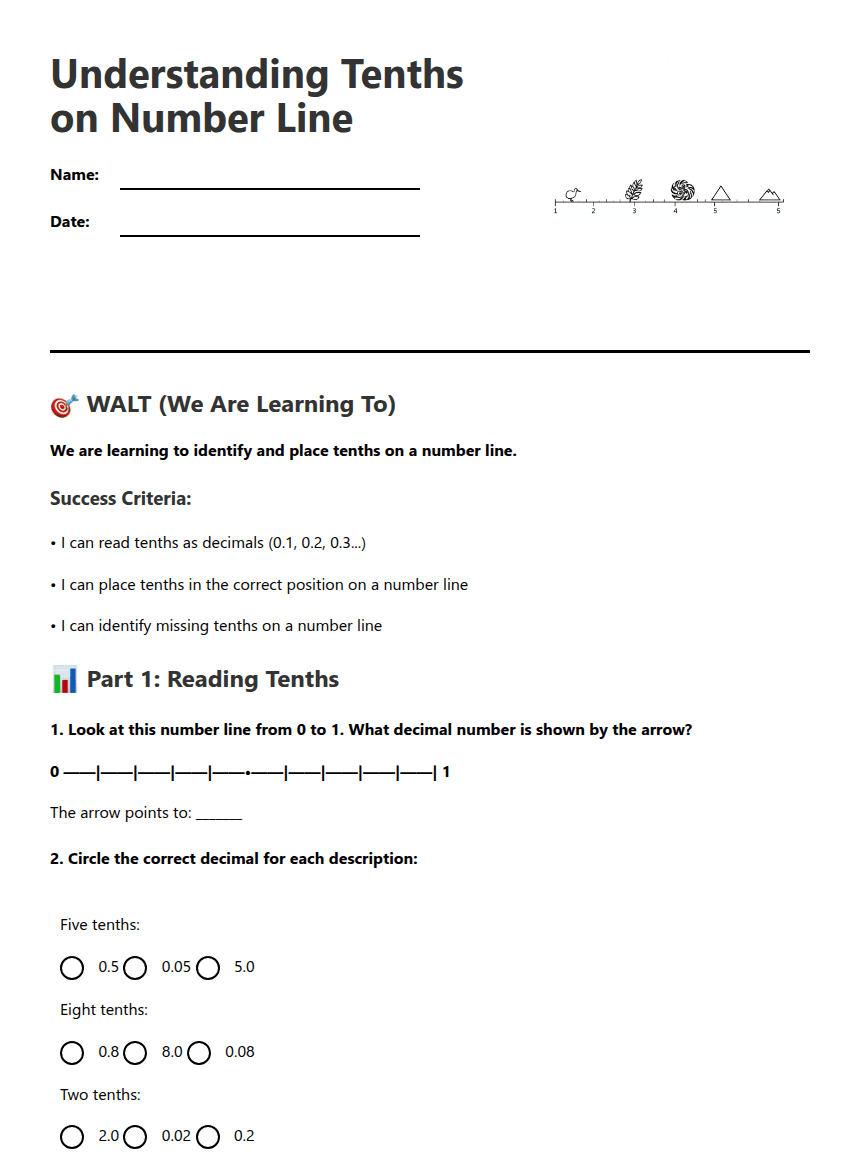 Understanding Tenths on Number Line worksheet preview