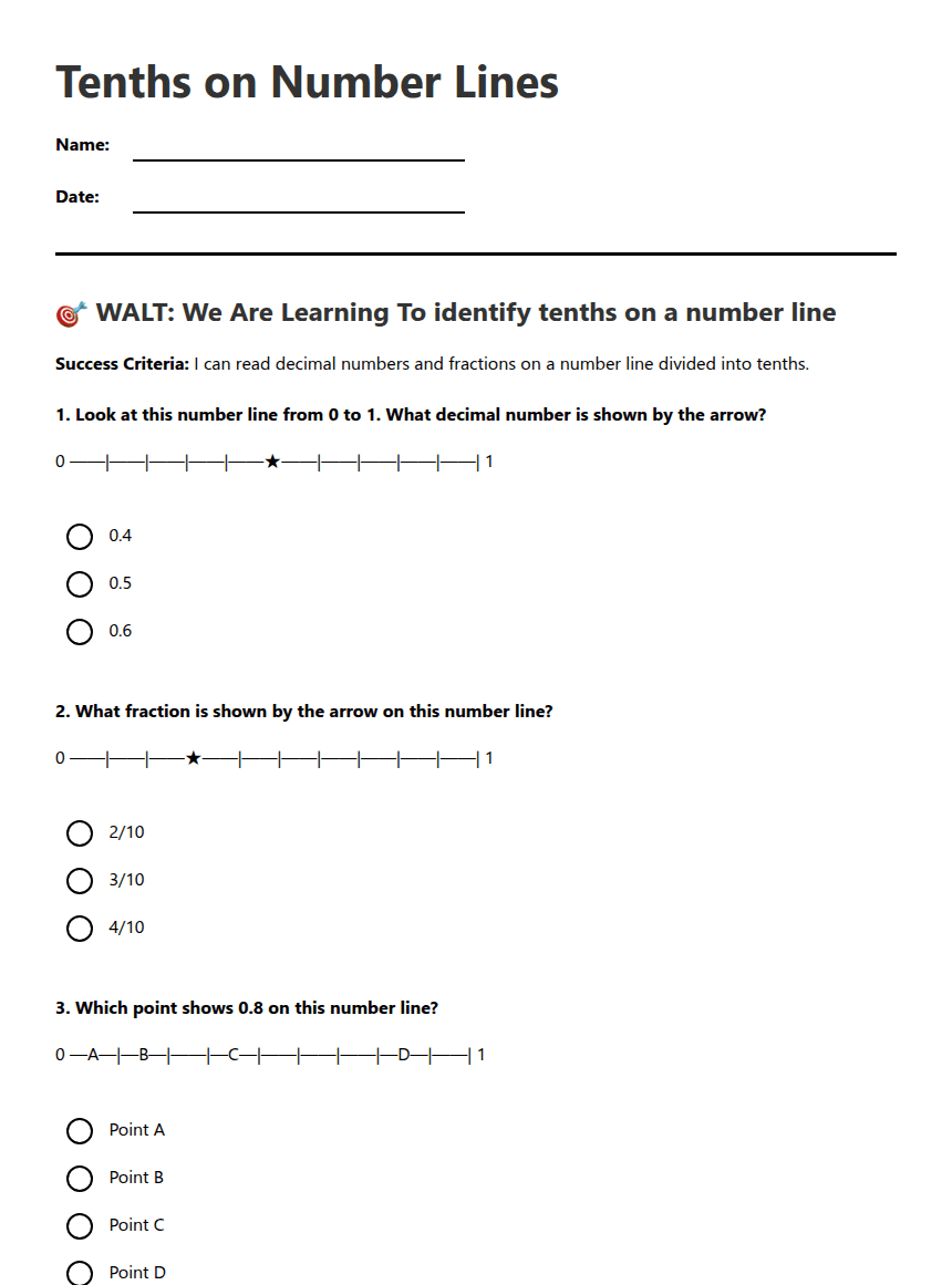 Tenths on Number Lines worksheet preview