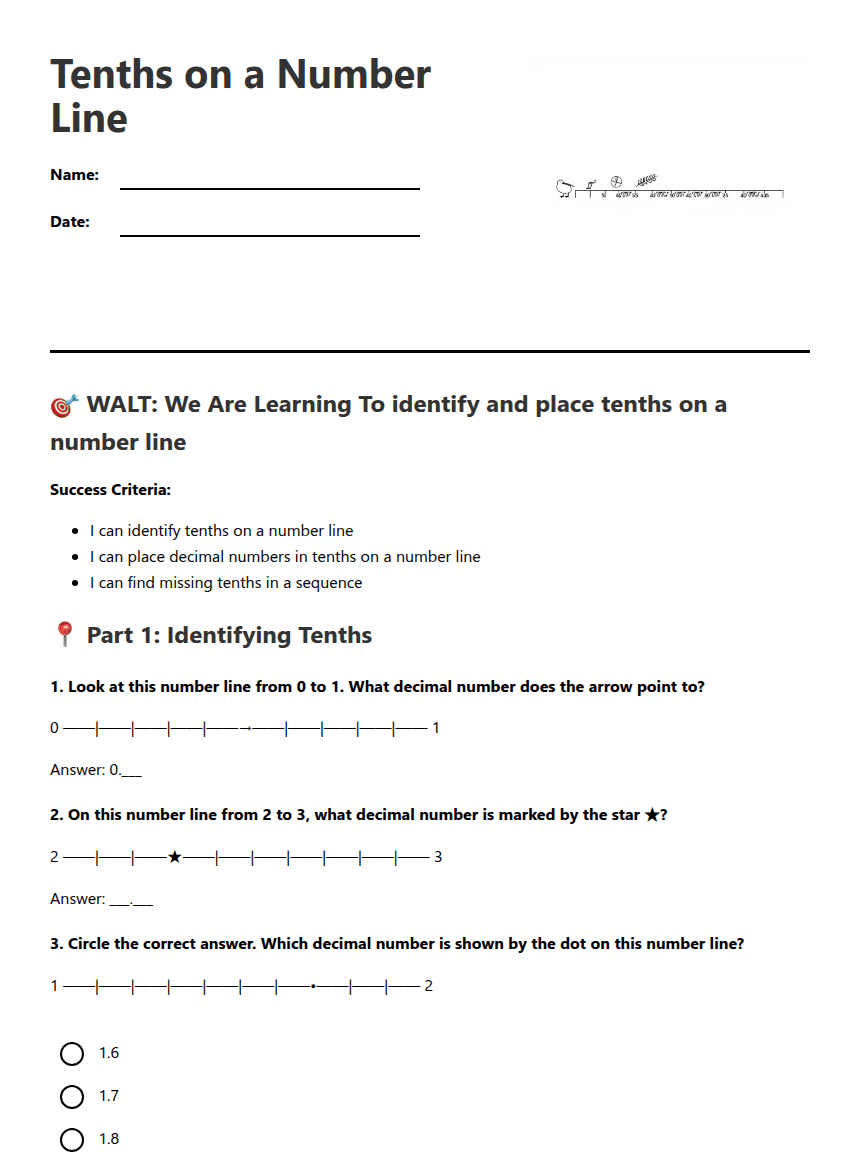 Tenths on a Number Line worksheet preview