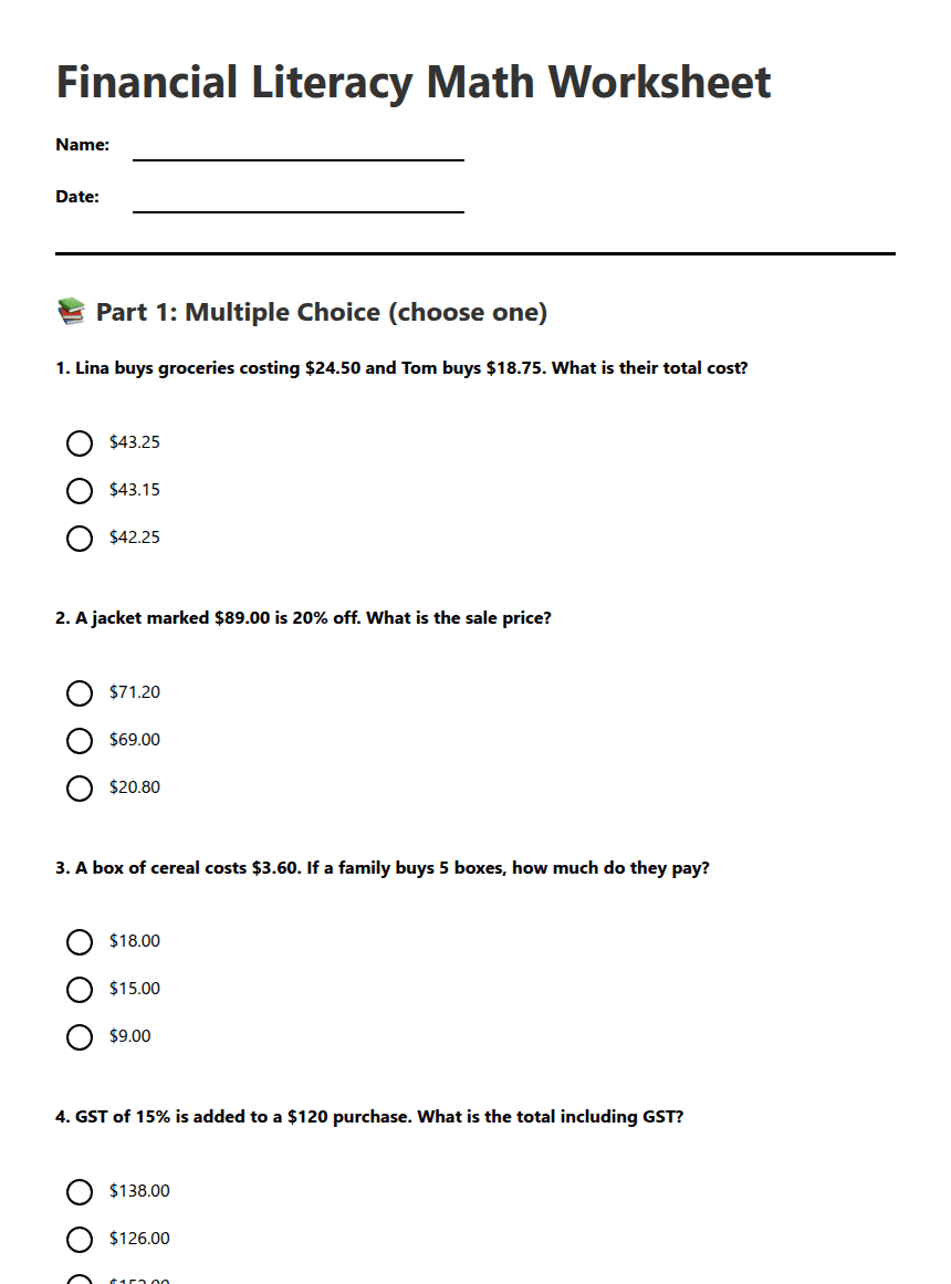 Financial Literacy Math Worksheet worksheet preview