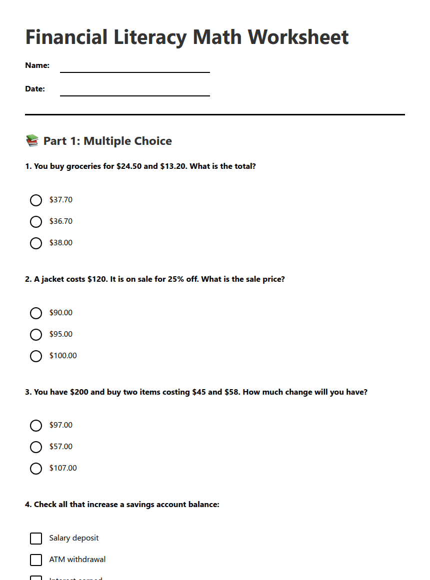 Financial Literacy Math Worksheet worksheet preview