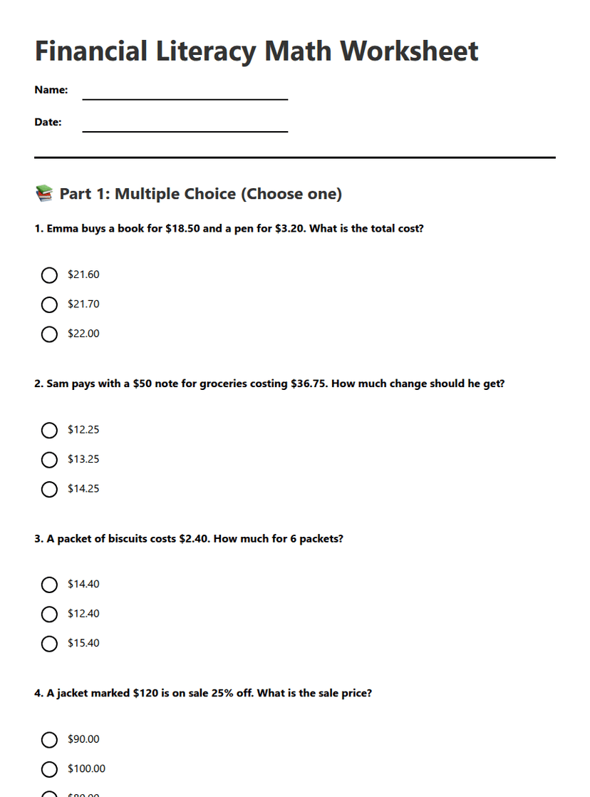 Financial Literacy Math Worksheet