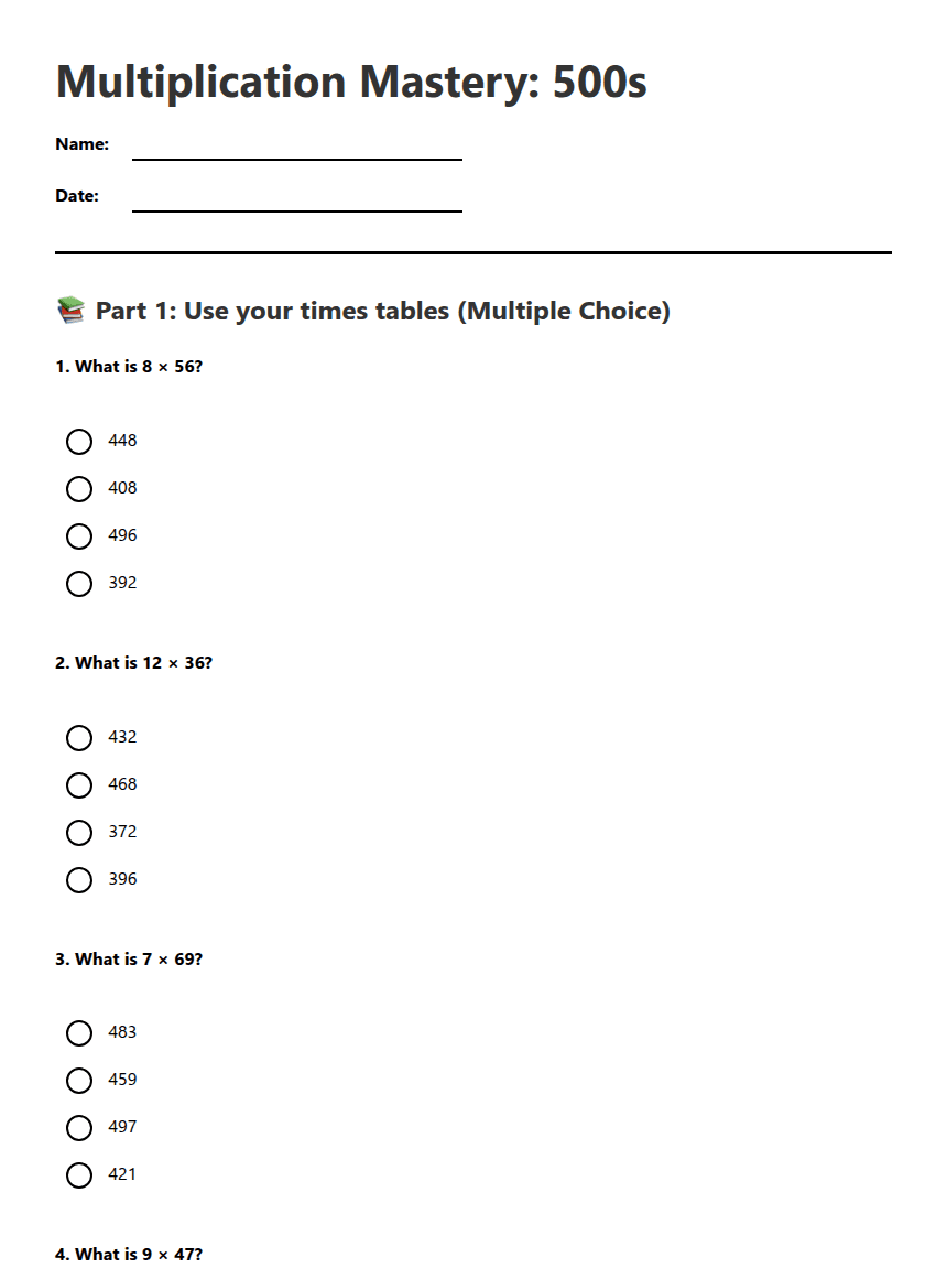 Multiplication Mastery: 500s worksheet preview