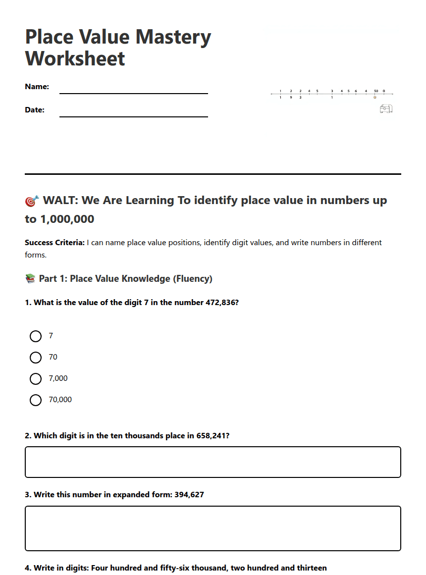 Place Value Mastery Worksheet worksheet preview