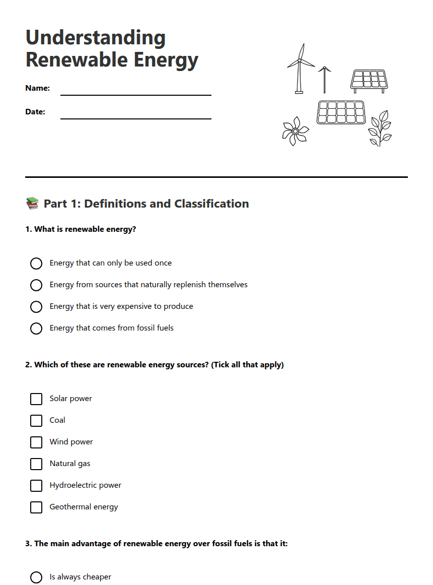 Understanding Renewable Energy worksheet preview