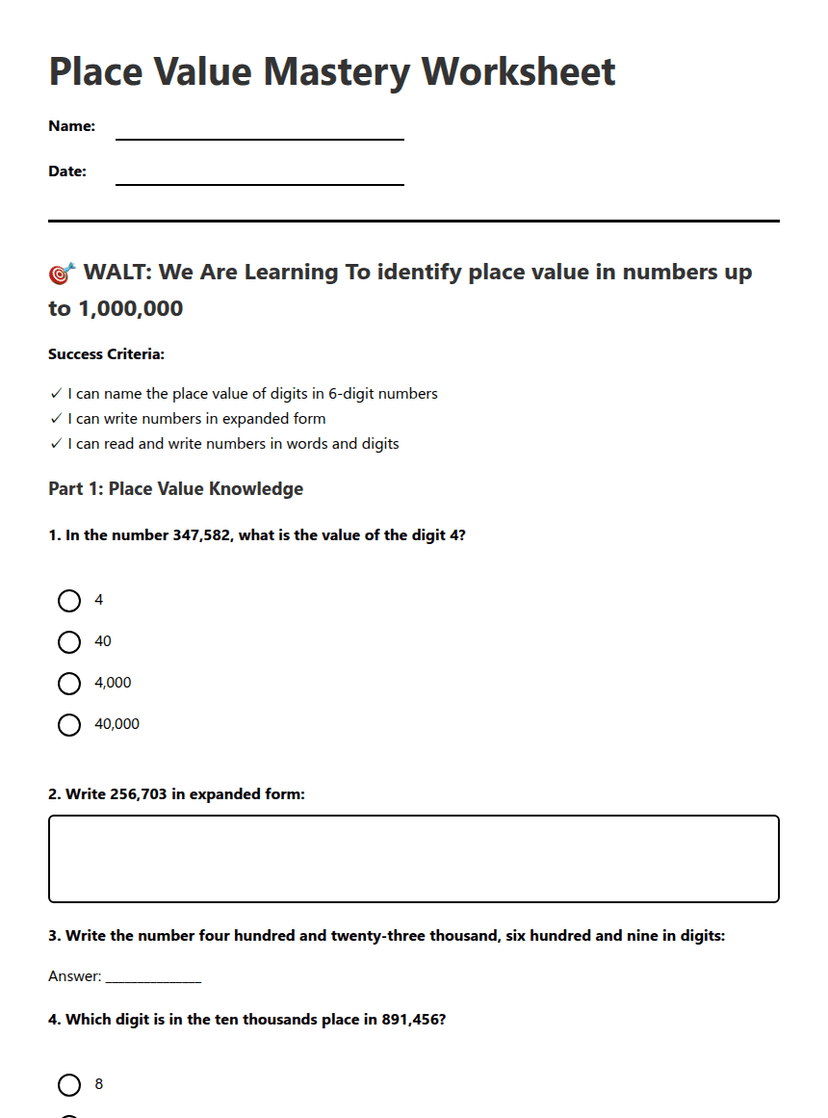 Place Value Mastery Worksheet