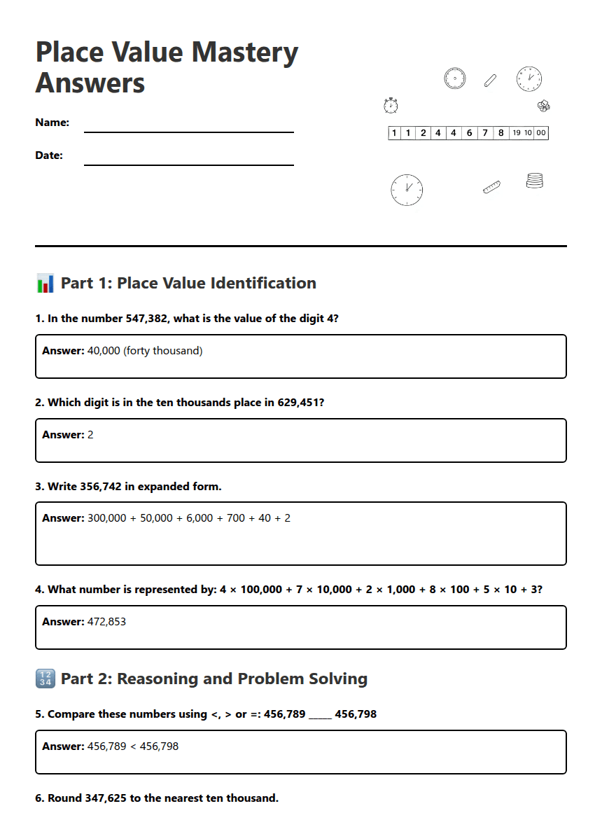 Place Value Mastery Answers worksheet preview