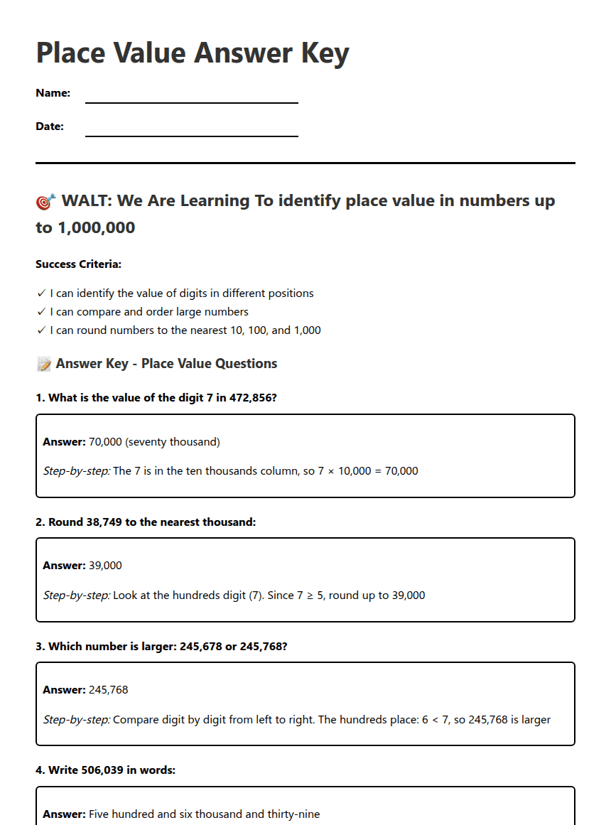 Place Value Answer Key worksheet preview