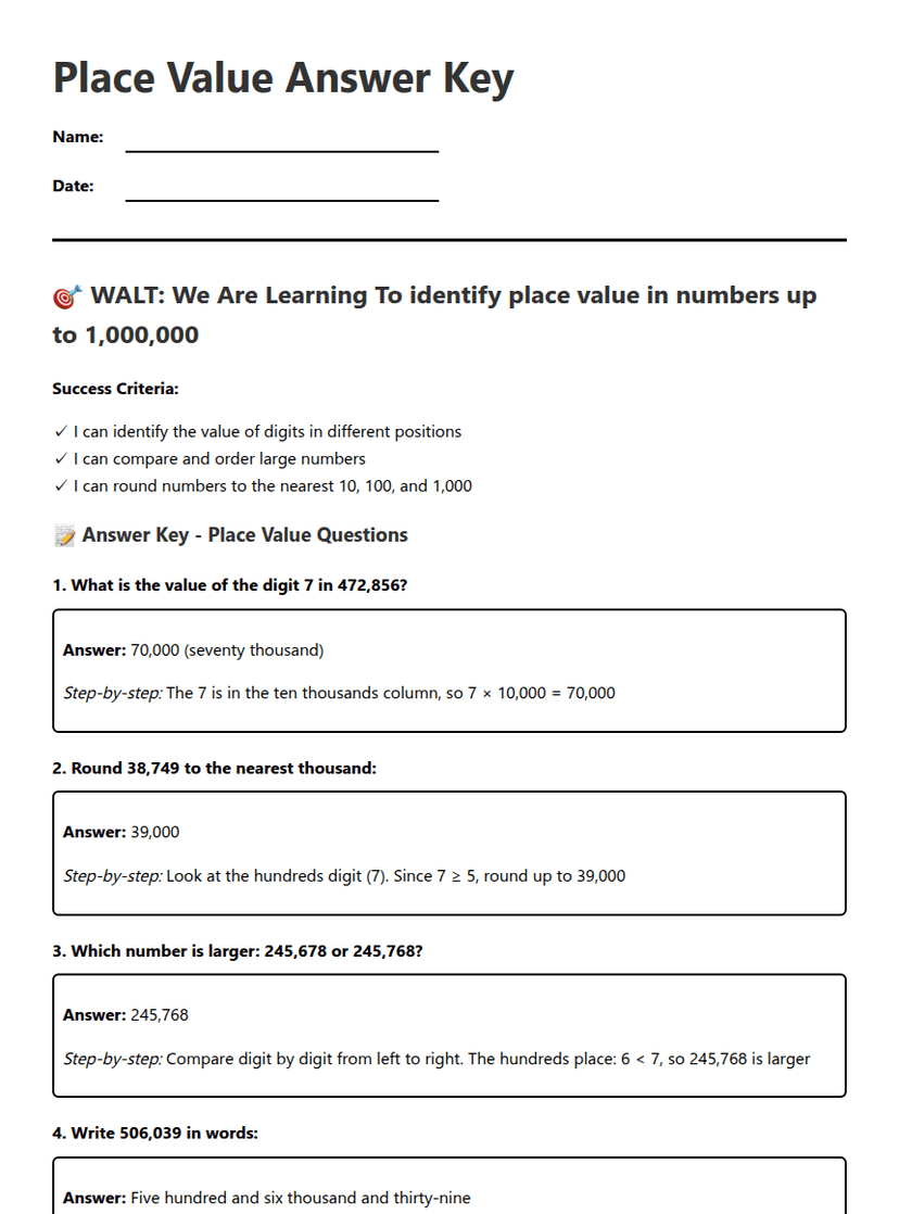 Place Value Answer Key