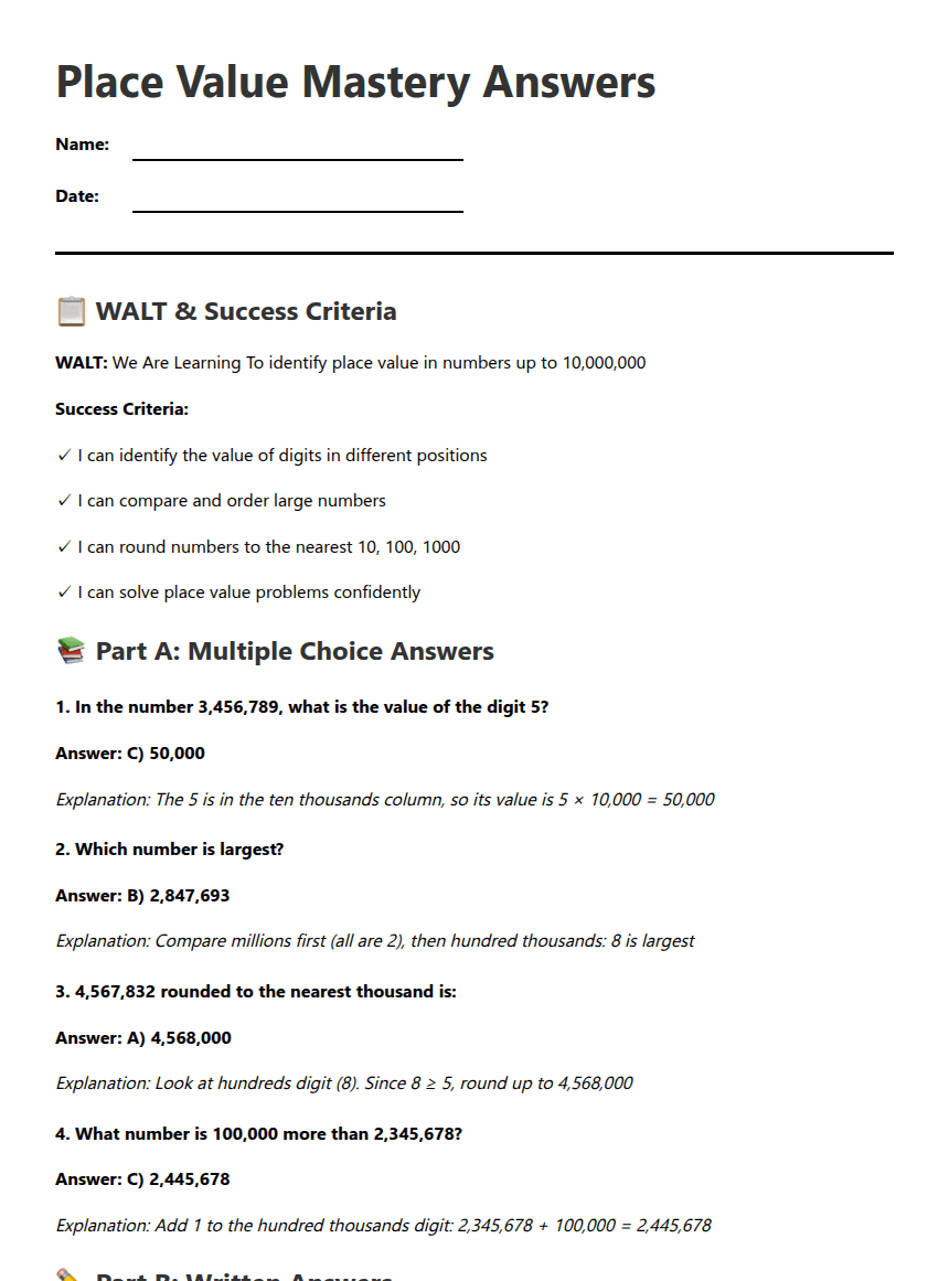 Place Value Mastery Answers worksheet preview