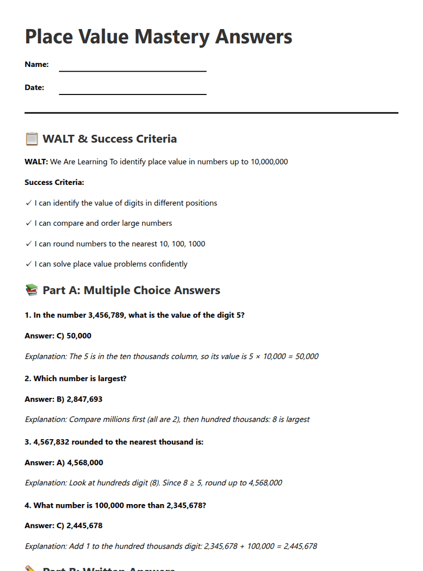 Place Value Mastery Answers