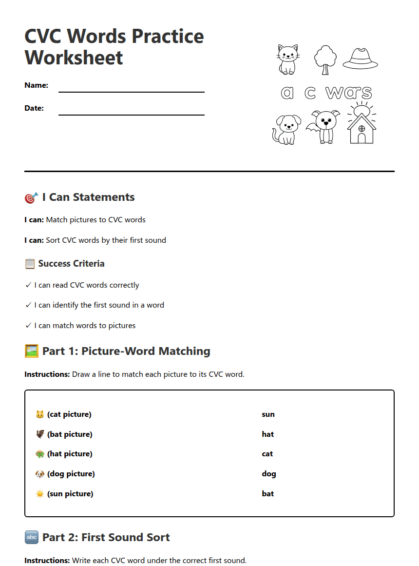 CVC Words Practice Worksheet worksheet preview
