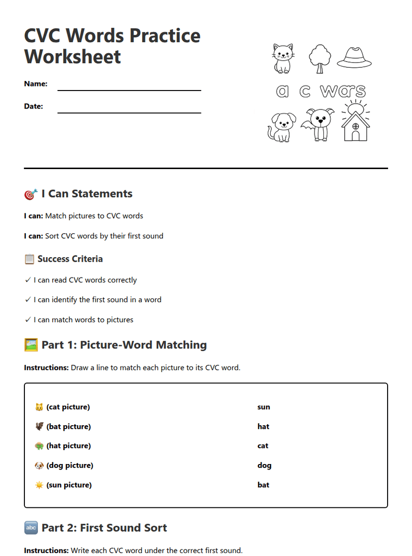 CVC Words Practice Worksheet