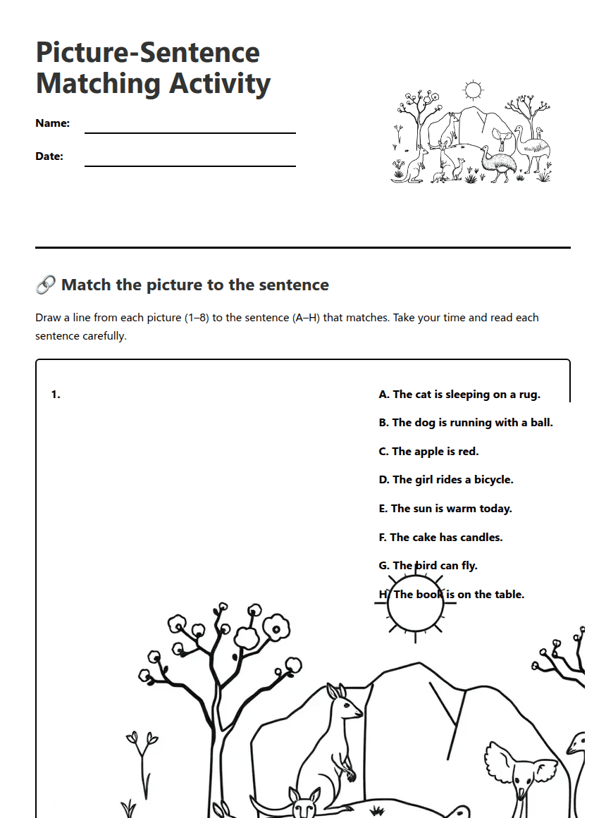 Picture-Sentence Matching Activity worksheet preview