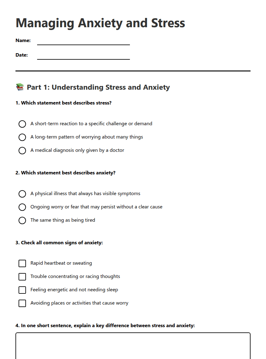 Managing Anxiety and Stress worksheet preview