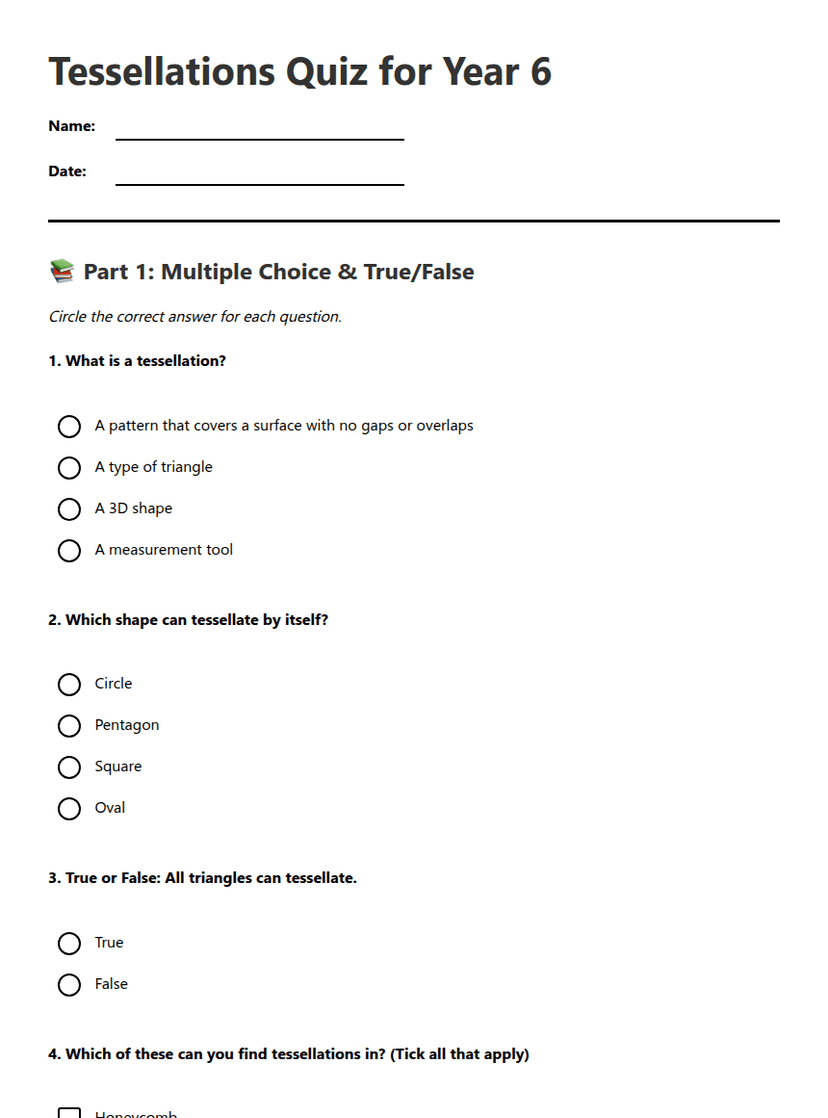 Tessellations Quiz for Year 6